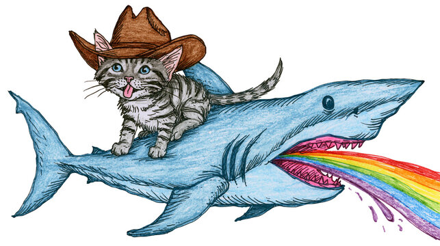 Tabby kitten wearing cowboy hat riding blue shark, rainbow vomit isolated on transparent background
