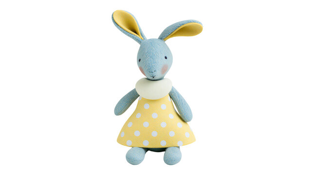 Blue plush bunny toy with yellow polka dot dress and white collar, isolated on transparent background