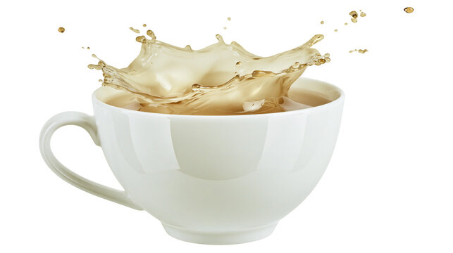 White ceramic cup with splashing light brown liquid, isolated on transparent background