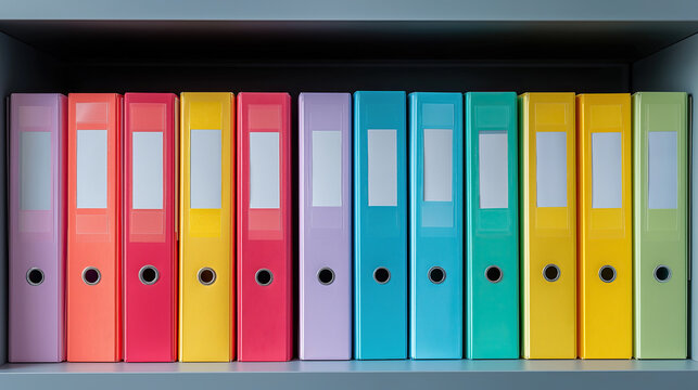 Colorful ring binders and file folders neatly organized in a row on an office shelf for document storage.