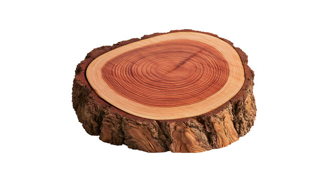 Natural rough bark wood slice with concentric growth rings, isolated on transparent background