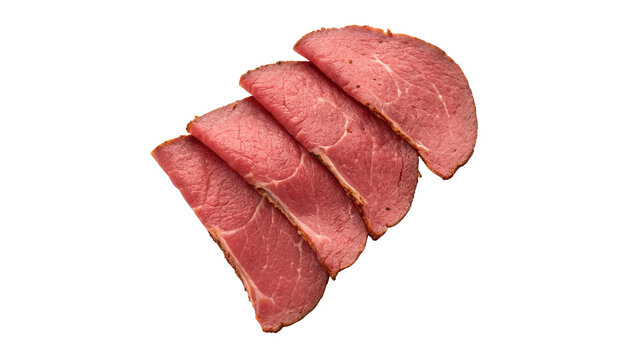 Slices of raw beef bacon meat pattern fresh grocery ingredient isolated on transparent background cut out