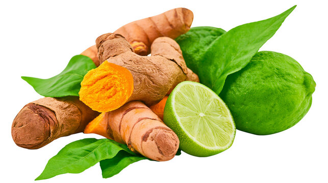 Fresh turmeric roots and vibrant green limes, isolated on transparent background
