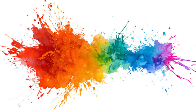 Abstract Colorful Paint Splatter Banner, Rainbow Watercolor Splash on White Background, Vibrant Artistic Ink Blot Design, Multicolored Paint Stain, Vector Illustration.