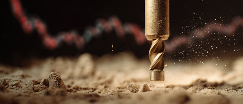 Metal drill bit boring into sand with a red stock market chart line in the background, symbolizing resource investment.