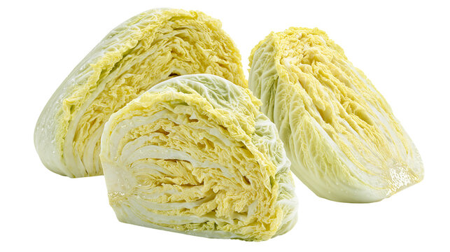 Fresh napa cabbage halves showing layered leaves, isolated on transparent background