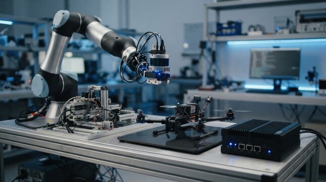 AI robotics lab with robotic arm, quadcopter drone, LiDAR sensor, and edge computing module for automation, inspection, and machine vision.