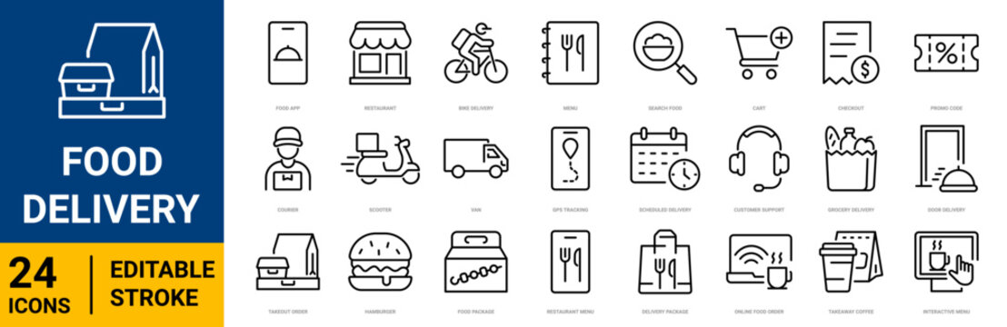 Food delivery Web Icon Set in Linear Style. Collection of delivery line icons, including courier, restaurant, food, fast food, scooter, deliver, menu, grocery, take away and more. Editable stroke