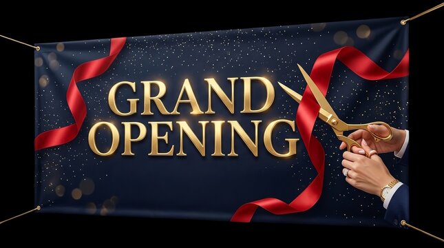 Grand Opening Banner with Golden Scissors Cutting Red Ribbon, Celebration and Event Concept
