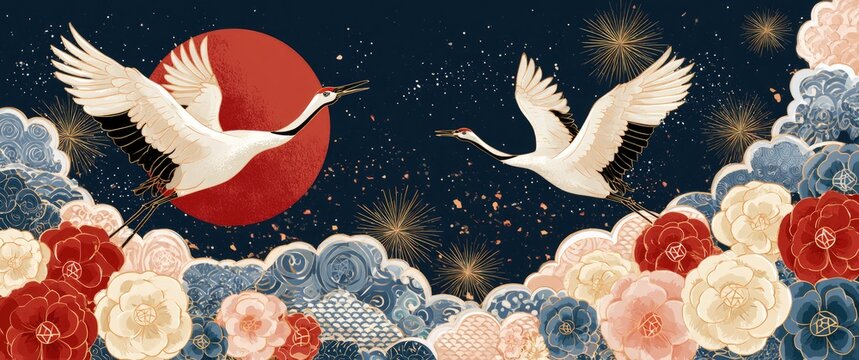 Two elegant cranes fly under a large red sun against a dark starry sky, surrounded by stylized clouds and flowers.