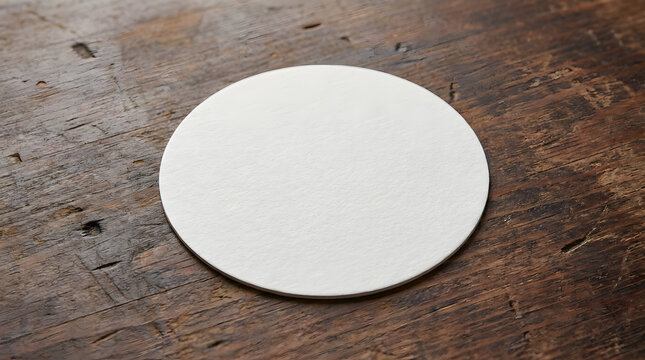 Blank white round cardboard beer coaster on rustic dark wooden table background.