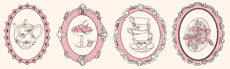 Obraz premium Hand drawn Victorian baroque tea party invitations. Elegant retro whimsical frames with teapot, cup, croissant, desserts, cherry. Vector outline rococo renaissance boarder for banner, poster, placard