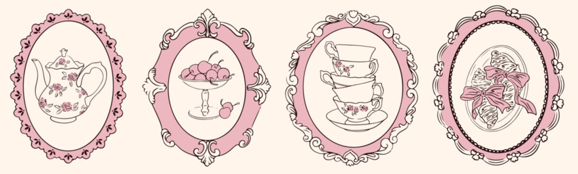 Hand drawn Victorian baroque tea party invitations. Elegant retro whimsical frames with teapot, cup, croissant, desserts, cherry. Vector outline rococo renaissance boarder for banner, poster, placard