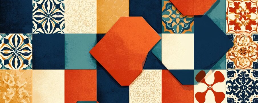 Colorful Geometric Pattern with Abstract Orange Shape Overlay.