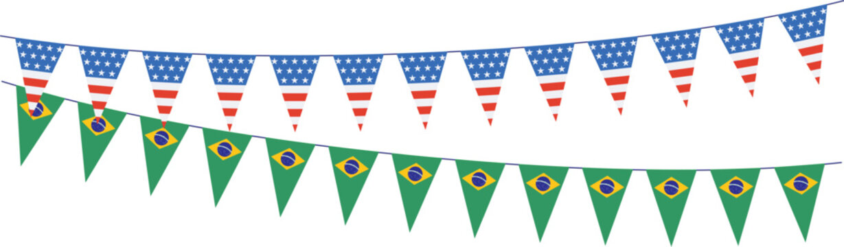 Garlands with pennants from United States of America and Brazil
