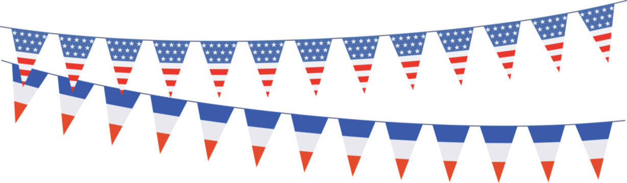 Garlands with pennants from United States of America and France