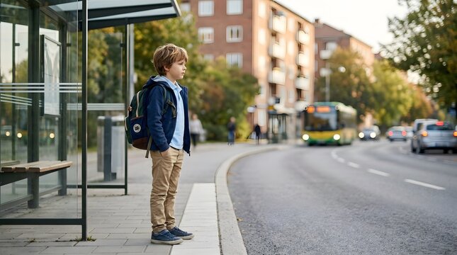 A young boy stands alone at a bus stop on a busy street. He wears a backpack and looks toward the road as cars and a bus pass by. It is late afternoon and the sun is low in the sky