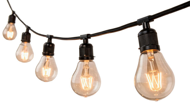 Outdoor retro string lights with vintage Edison bulbs glowing warmth isolated on transparent background cut out