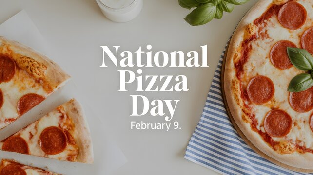 Top view of pepperoni pizza with text overlay celebrating national food holiday on a white wooden table