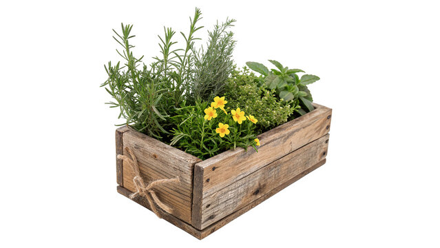 Rustic wooden box planter filled with fresh green garden herbs isolated on transparent background cut out