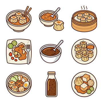 Set of nine siomay icons with peanut sauce and other ingredients, flat vector art, solid color blocks, bold clean outlines, minimalist sticker aesthetic