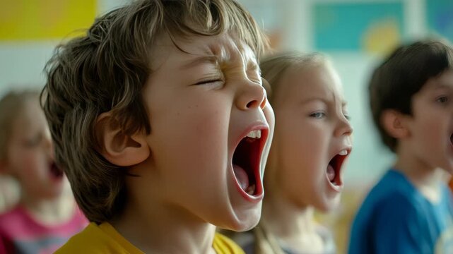 A group of children with open mouths, indicating they are singing. They are seated facing forward, suggesting a structured learning environment like a school classroom.