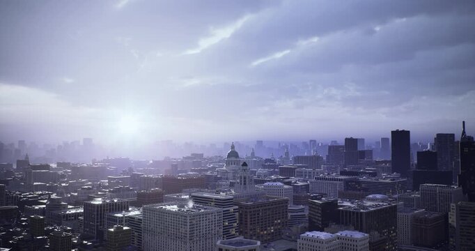 innovation skyline at sunrise with glass towers and clean light, energetic atmosphere tailored for startup, tech, coworking, and entrepreneurship visuals