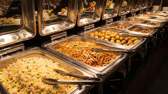 Row of stainless steel chafing dishes filled with fried rice and stir fried noodles on hotel buffet counter.