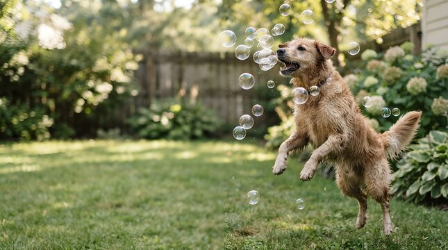 A dog plays in a green backyard, jumping to catch bubbles that float nearby. The scene captures a moment of fun in the sunlight with trees and flowers around