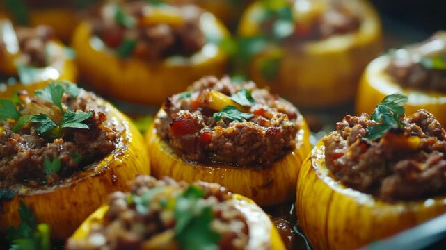 Close-up of eggplants stuffed with a delicious ground meat filling and topped with fresh basil leaves, ready to be served.