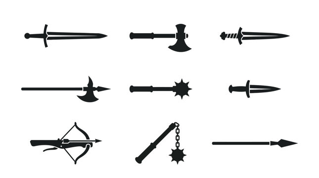 Medieval weapons icons black silhouette vector set.