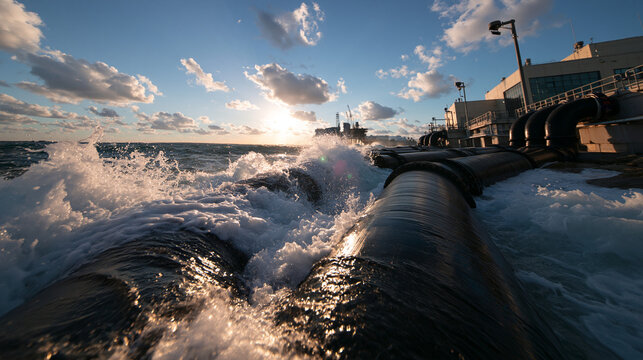 Industrial Water Pipelines with Ocean Waves at Coastal Plant