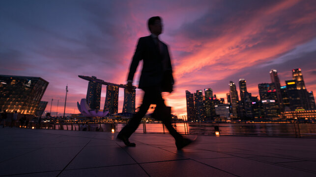 Businessman Walking in Front of Singapore Skyline at Sunset