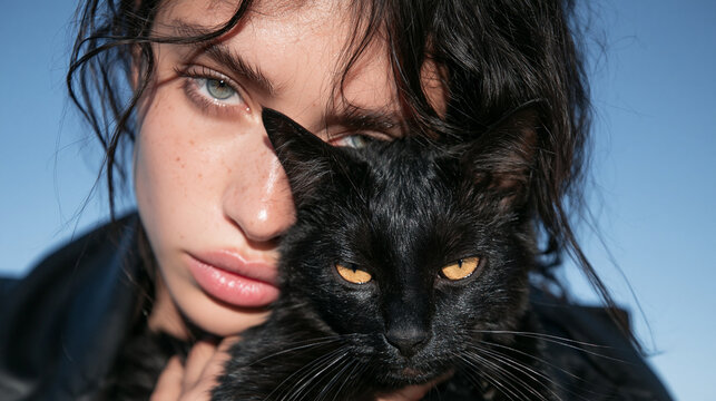 Beautiful Young Woman Holding Black Cat Close to Face