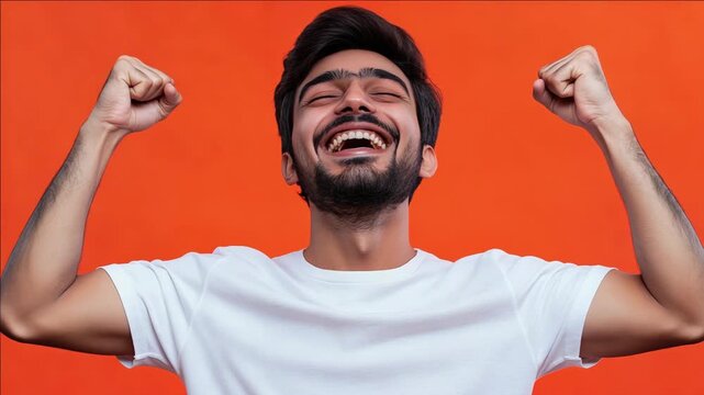 Young man laughs joyfully, flexing both arms. He wears a plain white t-shirt. Bright orange background adds vibrant contrast. His eyes are closed in pure happiness. Hair is dark, neatly styled