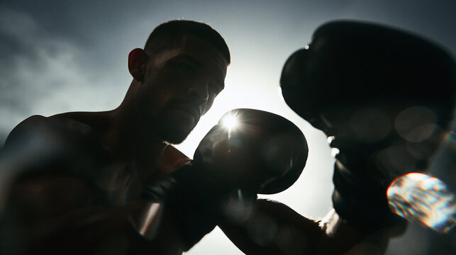 Male Boxer in Guard Stance Outdoors During Workout