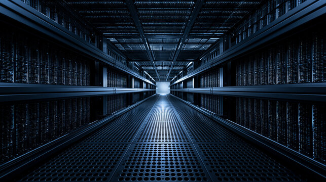 Modern Data Center Corridor with Server Racks in Blue Light