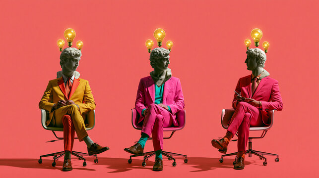 Surreal Creative Brainstorming Concept with Classical Statue Businessmen