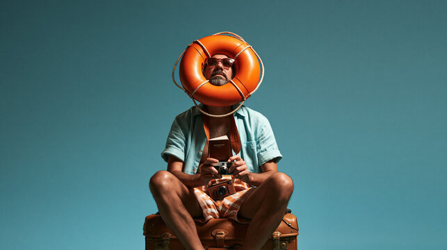Funny Traveler Sitting on Vintage Suitcase Wearing Lifebuoy