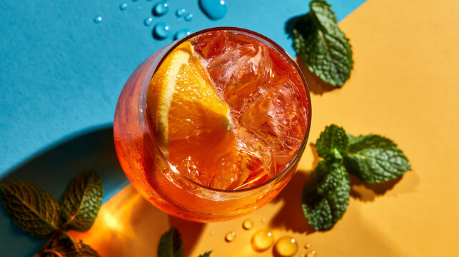 Refreshing Aperol Spritz Cocktail with Orange and Mint Overhead View