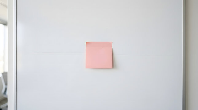 Pink square sticky note on blank white board with thin horizontal line across the surface.