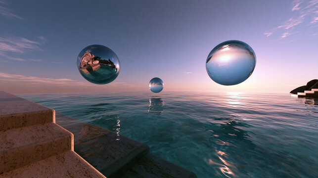 Floating Reflective Spheres Over Ocean Water at Sunset Surreal 3D Render