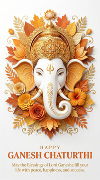 Lord Ganesha Floral Portrait with Decorative Autumn Leaves for Festival Greeting Card Design