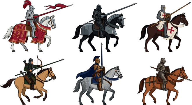 Medieval Knight and Warrior Characters Collection on Horseback with Lancers Templar Cavalier and Armored Soldiers for Fantasy Games History Projects and Graphic Designs