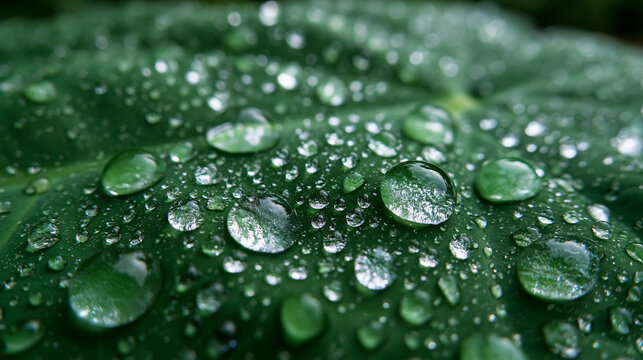 Fresh Water Droplets on Big Green Leaf Close Up