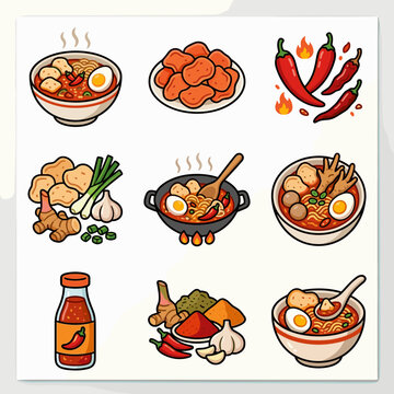 Cute seblak spicy crackers food icons, set of 9 flat illustrations with bold outlines and simple design, perfect for culinary blogs or recipe cards