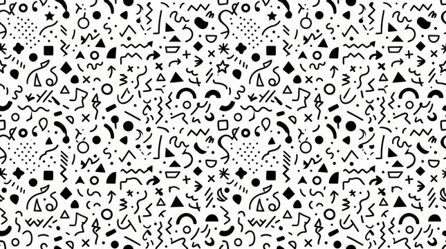 Seamless pattern with hand drawn black abstract shapes on a white background.