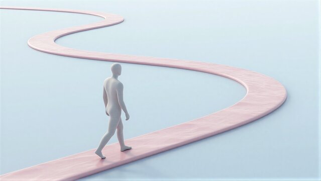 A lone figure walks along a winding pink path against a soft blue backdrop.