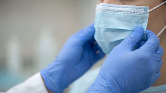 Healthcare professional wearing protective blue medical gloves adjusting a sterile surgical face mask for patient safety and infection control