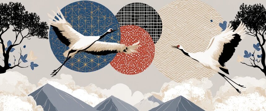 Two elegant cranes in flight against a backdrop of abstract circles and mountains, evoking a sense of peace and tradition.